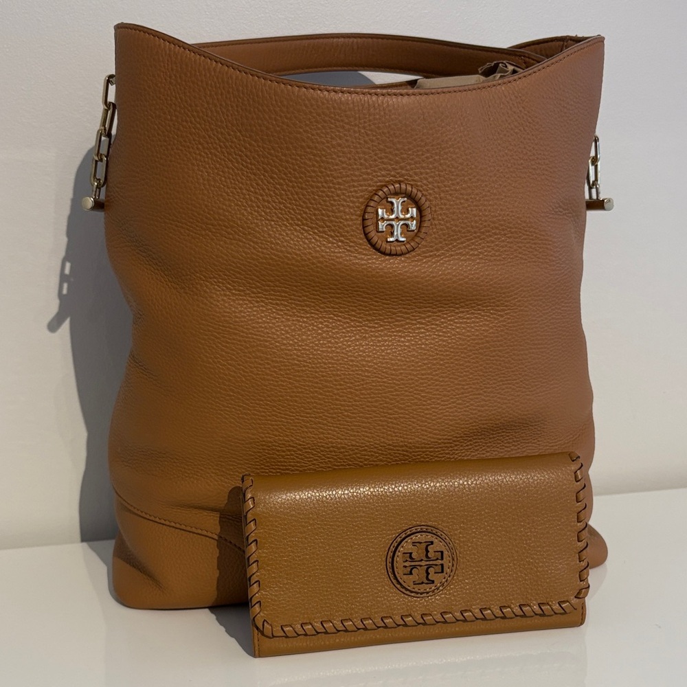 EUC Tory Burch Brown Whipstitch Leather Women's Bag and Wallet Set 💯% Authentic